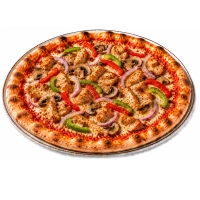 Tomatensaus, kaas, kipfilet, paprika, champignons en ui.