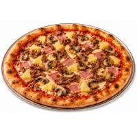 Tomatensaus, kaas, shoarma, ham, champihnons en stukjes ananas.