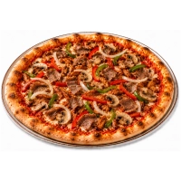 Tomatensaus, kaas, doner, schoarma, paprika, ui en champignons.