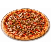 Tomatensaus, kaas, doner, paprika, ui en champignons.