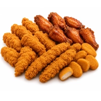 Onze chickenbucket bestaat uit 6 stuks kipnuggets, 5 stuks hotwing en 4 stuks chicken strips.