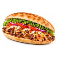  met doner-parika,champignons,ui, salade en saus naar keuze.