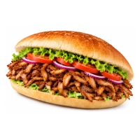Pita of turksbrood met shoarmavlees, salade en saus naar keuze.