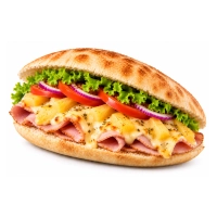 Pita broodje met kaas, ham en stukjes ananas.