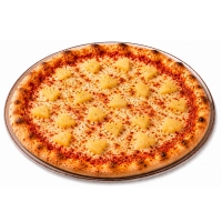 Tomatensaus, kaas en stukjes ananas.